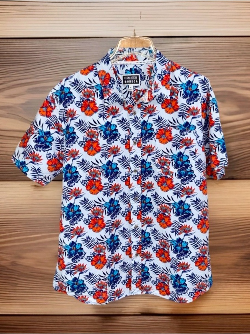 C. Bodega Short-Sleeve White Button-Down Shirt w/Blue & Orange Floral-XL-EC